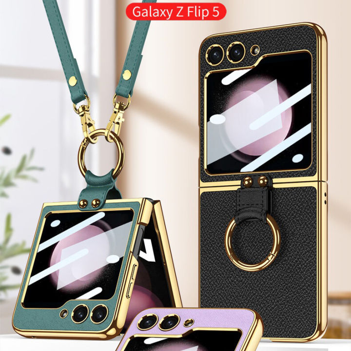 เคสสะพายพาดลำตัวหนังแบบเรียบเคลือบอิเล็คเพลทสำหรับ-samsung-galaxy-z-พลิกได้5-flip5แหวนสายคล้องกันกระแทกมีขาตั้ง9201