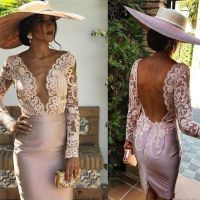 【YF】 Sexy Sheer V Neck Mother of the Bride Dresses Lace Applique Long Sleeves Backless Vestidos De Novia Short Cocktail Party Gown