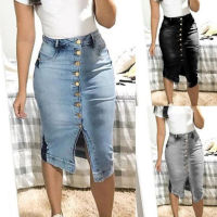 Womens Fashion High Waist Distressed Bodycon Denim Skirt Buttons Pockets Split Jeans Skirts