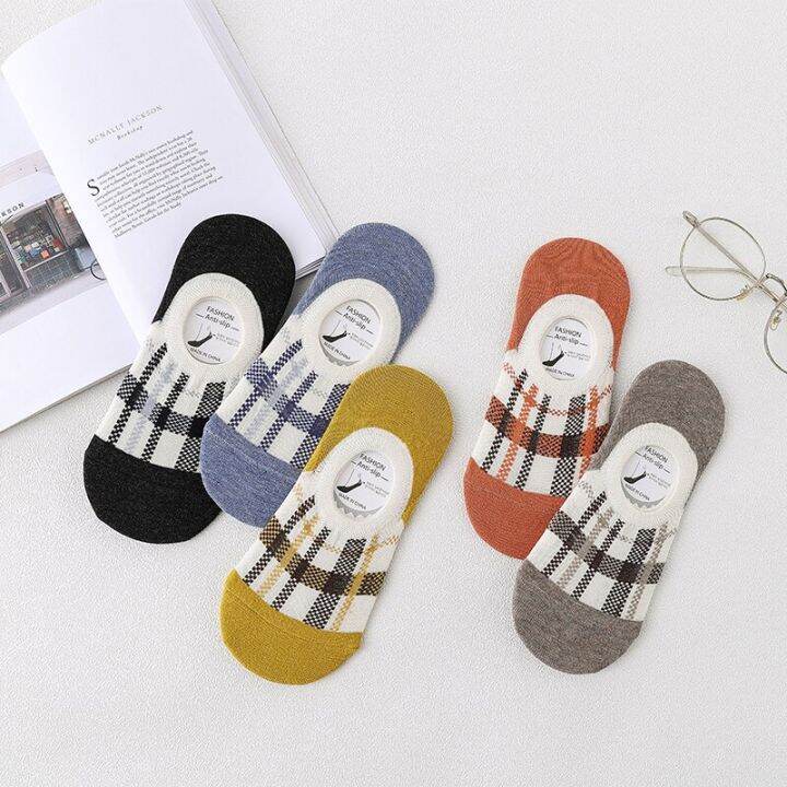 5-pairs-women-plaid-boat-socks-spring-summer-non-slip-casual-cotton-ankle-socks-comfortable-female-shallow-mouth-invisible-socks