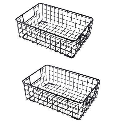 2Pcs Creative Metal Wire Storage Basket with Handle Wrought Iron Sundries Container Kitchen Black