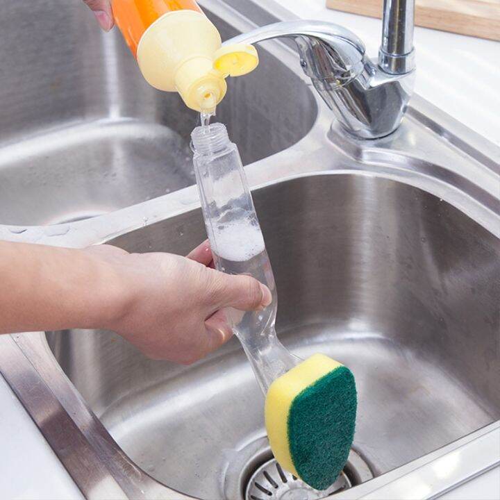 replaceable-cleaning-brush-with-refill-liquid-handle-scouring-pad-sponge-brush-dispenser-dish-scrubber-home-washing-tool