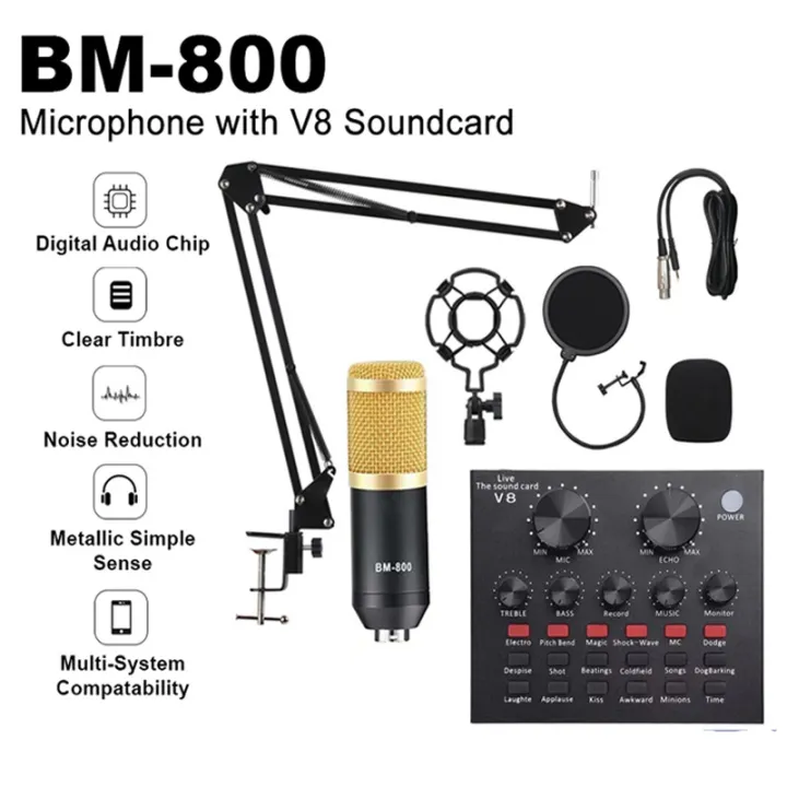 Bm 800 Microphone With V8 Sound Card For Studio Recording Streaming Gaming Music Production Podcast Complete Full Set V8 Soundcard Bm800 Microphone Pop Filter Nb35 Table Stand Lazada Ph