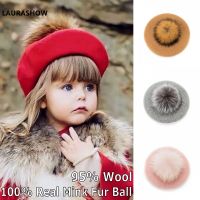 Laurashow Baby Beret Warm Wool Winter Beanie Hat With Real Fur Ball Pom Poms Girl Vintage Plain Kids Beret Hats Parent-child Cap