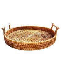 REBUY 3 Size Storage Tray Craft Round Basket Rattan Tray Portable Breakfast Rattan Hand- with Handle Bread Wicker Basket