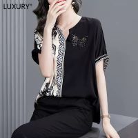 LUXURY Queen Silk Short Sleeve Womens  Blouse Mommys Summer 2023 New Black Silk Loose Covering Large Top