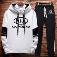 สไตล์ตามท้องถนน Outono Camisola Dos Homens Novos โลโก้ KIA เสื้อพูลโอเวอร์แบบบล๊อคสี Algodão Homens De Alta Qualidade Com Capuz Calças 2 Peça Set