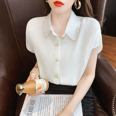 เสื้อชีฟองแขนสั้นสีขาวสำหรับผู้หญิง,เสื้ออเนกประสงค์ทรงหลวมแฟชั่น2023เกาหลีฤดูร้อน