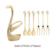 7 Pcs Swan Fruit Base Holder Forks Set Stainless Steel Salad Dessert Coffee Spoon Cake Tableware Zero Waste Flatware Dropship