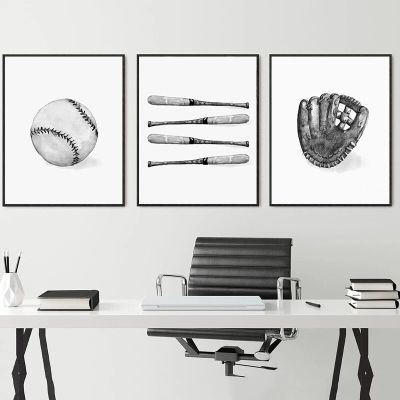เบสบอล Mitten Wall Art ภาพวาดผ้าใบโปสเตอร์พิมพ์สีดำและสีขาว Sport Room Decor รูปภาพ Modern Home Decoration