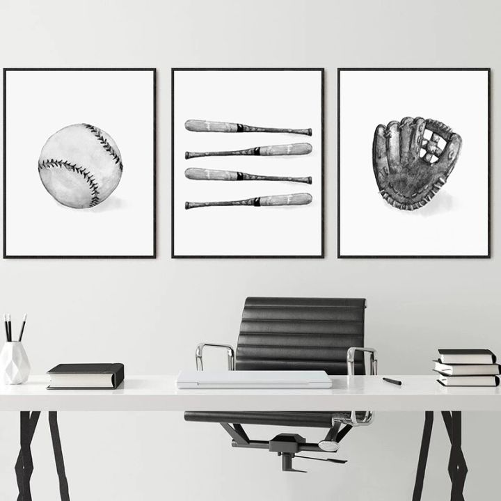 เบสบอล-mitten-wall-art-ภาพวาดผ้าใบโปสเตอร์พิมพ์สีดำและสีขาว-sport-room-decor-รูปภาพ-modern-home-decoration