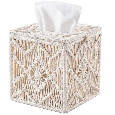 Tissue Box Cover Boho Decor Square Paper Tissue Holder with Bead Buckle Macrame Napkin Tissues Organizer Home Decor