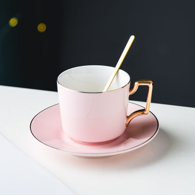 Classic Ceramic Coffee Cups Mugs Porcelain Round Tea Drinkware Spoon Saucer Set Golden Edges and Handles Creative Design