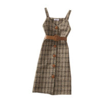 Two Piece Dress Set Women Autumn Winter Solid Base Sweater and Sleeveless Knee-Length Plaid Tweed Dresses Suits With belt