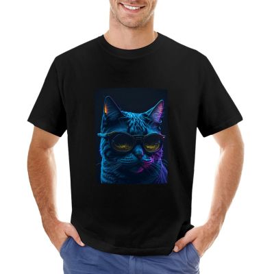 Cat Futuristic With Cyberpunk Glasses Neon T-Shirt Summer Tops Cute Tops T Shirt For Men