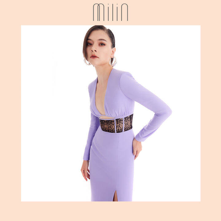 milin-ruched-under-bust-detail-long-sleeve-v-neck-midi-dress-เดรสมิดิแขนยาวคอวีดีเทลแต่งรูดใต้อก-ambrosia-dress