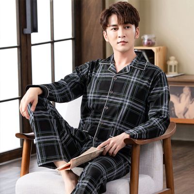 Spring autumn 100 Cotton Pajamas Sets For Men Plaid Sleepwear Suit Casual Home Clothes Pijamas Hombre Loungewear Plus Size 4XL