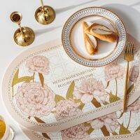 2 PCS Anti-Oil And Anti-Scalding Lychee Pattern Placemat Elegant And Light Luxury Classic Peony Flower Table Mat