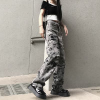 Womens Jeans 2021 New Gothic Tie-dyed Streetwear Y2K High Waist Wide Leg Pants Vintage Baggy Harajuku Straight Denim Trouser