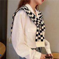 CICI Korean Knitted Scarf Plaid Shawl ผ้าคลุมไหล่แบบเย็บประดับโบว์แฟชั่นสําหรับผู้หญิง