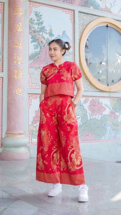 ชุดเชทเสื้อ-กางเกง-สีแดงใส่วันตรุษจีน-ชุดผ้าไทยแพทเทิร์นเป๊ะทรงสวยมากค่ะ-ตรุษจีน-สีแดงตรุษจีน