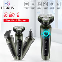 HEGRUS 3 In 1ผู้ชายเครื่องโกนหนวดไฟฟ้าเครื่องโกนหนวด3 In 1เครามีดโกน3D ลอย3ใบมีดจมูกผม T Rimmer ปัตตาเลี่ยนแบบชาร์จไฟได้สำหรับผู้ชายใบหน้า USB ชาร์จกันน้ำมีดโกนสำหรับผู้ชาย