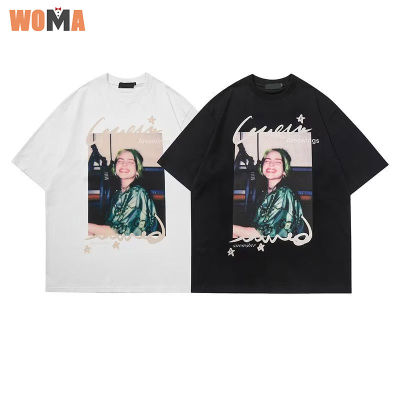 WOMA เสื้อยืดคอกลมผู้ชายพิมพ์ลายภาพเหมือนแขนสั้นสไตล์ฮาราจูกุแขนสั้น