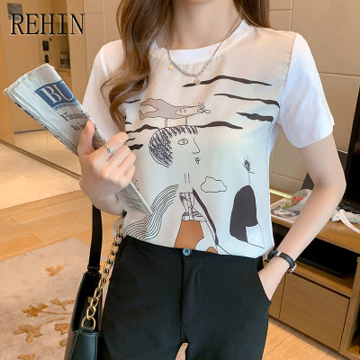 REHIN เสื้อยืดผู้หญิงแขนสั้นพิมพ์ลายรอบคอหลวมแฟชั่นใหม่ฤดูร้อน