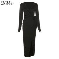 Nibber Sexy Fashion Long Dress Solid Color Basic Deep V-Neck Split Gown For Beautiful Womens Evening Party Holiday Wear