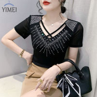 YIMEI เสื้อเพชรส่องประกายสำหรับผู้หญิง,เสื้อยืดตาข่ายสีดำคอวีแขนสั้น2023