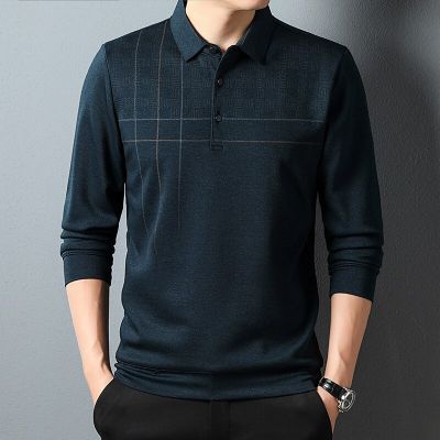 HOT11★BROWON 2023 Mens T Shirts Spring New Striped Print Turn-Down Collar Men T Shirt Cal Business Regular Fit Long Sleeve Men Tops