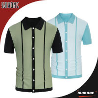 Suikone ชุดเสื้อถักแขนสั้นของผู้ชาย,เสื้อเชิ้ตลำลองสีตัดกันใหม่ฤดูร้อน