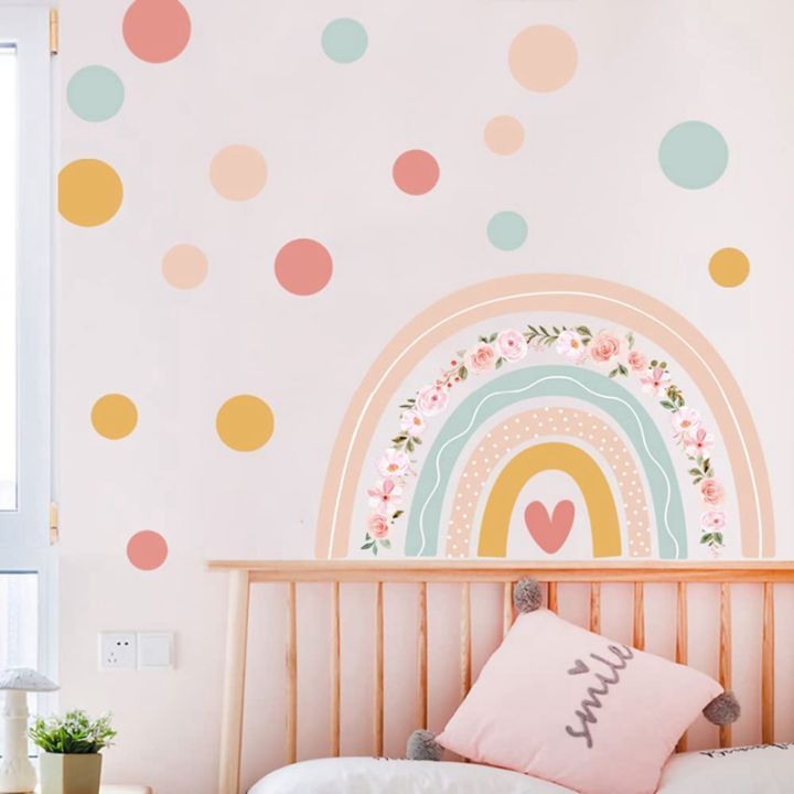 rainbow-flower-wall-stickers-boho-polka-dots-wall-decal-vinyl-for-room-kids-nursery-playroom-classroom-wall-decor