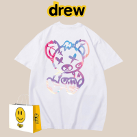 แบรนด์ Drew Smiley เสื้อยืดแขนสั้นผ้าฝ้ายหลวมสบายๆการ์ตูน BF คู่หมีแขนครึ่ง