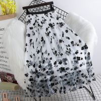 【CC】▬♦◇  Skirt Womens Osmanthus Mesh Print Elasticated Waist Pleated Mid-calf Tulle