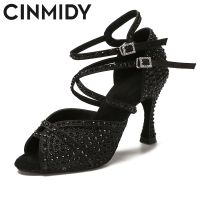 CINMIDY Women Party Dance Shoes Silk Satin Shining Rhinestones Soft Bottom Latin Dance Shoes Woman Girls Salsa Dance Shoes