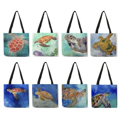 Watercolor Sea Turtle Print Handbags for Women 2020 New Arrival Tote Bags Linen Reusable Shopping Bags For Groceries B01092