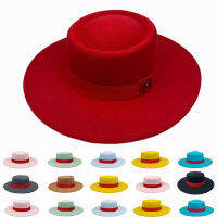 ฤดูหนาวผู้หญิงขนสัตว์สีแดงรู้สึก Fedora หมวก8เซนติเมตรปีกกว้างสุภาพสตรีที่สง่างามสไตล์ย้อนยุคแจ๊สอังกฤษมาหมวกปานามา