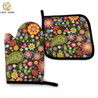 Colorful Paisley Flowers Oven Mitt and Pot Holder Set Heat Resistant Non Slip Kitchen Gloves with Inner Cotton Layer for Cooking