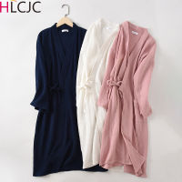 Couples Crepe Gauze Bathrobe Solid 100 Cotton Robe Long-sleeved V-neck Kimono Wedding Robes Sleepwear Plus Size Dressing Gown