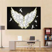 Sumanssa Neon Golden Angel ปีกสีขาวโปสเตอร์ Nordic Wall Art รูปภาพ Feathers พิมพ์ภาพวาดผ้าใบสำหรับห้องนั่งเล่นตกแต่งบ้าน New