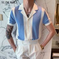 Men’s Short Sleeve Knit Sports Shirt Modern Polo Shirts Vintage Classics Stripes Knitted Buttoned Shirt Mens Clothing Golf Wear