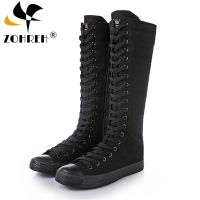 2021 Spring Autumn Women Shoes Canvas Casual High Top Shoes Long Boots Lace-Up Zipper Comfortable Flat Boots Sneakers Size 34-43