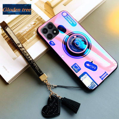 Gloden tree For Honor X8 4G 5G Case Camera Pattern + Stand + Beautiful Tassel Hand Strap Protective Back Cover Couple Cases