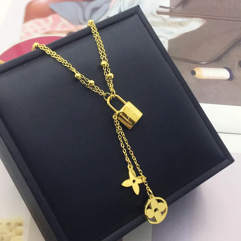 Fashion Elegant Lock Tassel Four Leaf Clover Stainless Steel Necklace For  Women Girl Double Layer Chin Letter LOVE Pendant Clavicle Choker Simple  Trendy Jewelry Accessories Not Fade Lucky Nice Gift