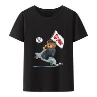 Funny Cool Bear Riding Scooter While Holding Flag Cartoon Graphic T Shirts Cute Street Fashion Shirt Popular Casual Comics Tees