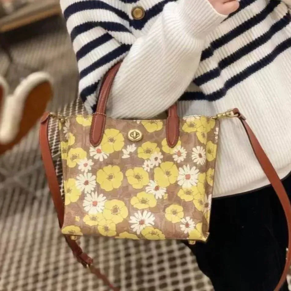 Coach C9721 Willow Tote 24 in Signature Canvas with Floral Print Tan Rust