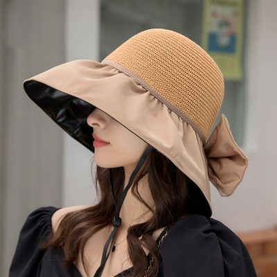 【CC】Summer New Women Bucket Hat UV Protection Sun Hats Solid Color Soft Foldable Wide Brim Outdoor Beach Panama Cap Ponytail Caps