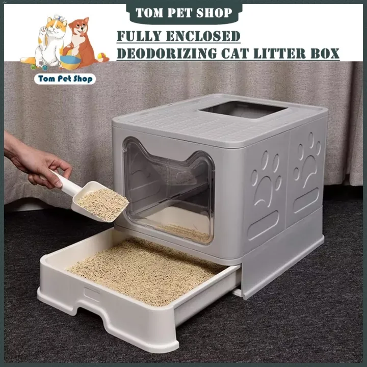 Pet Cat Litter Box Extra Large Capacity Foldable Semi-Enclosed Cat ...