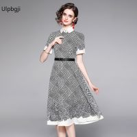 Runway Blue Contrast Print Flower Shirt Dress Womens Bow Tie Turn-Down Collar Full Sleeve Vintage Belt Long Vestidos